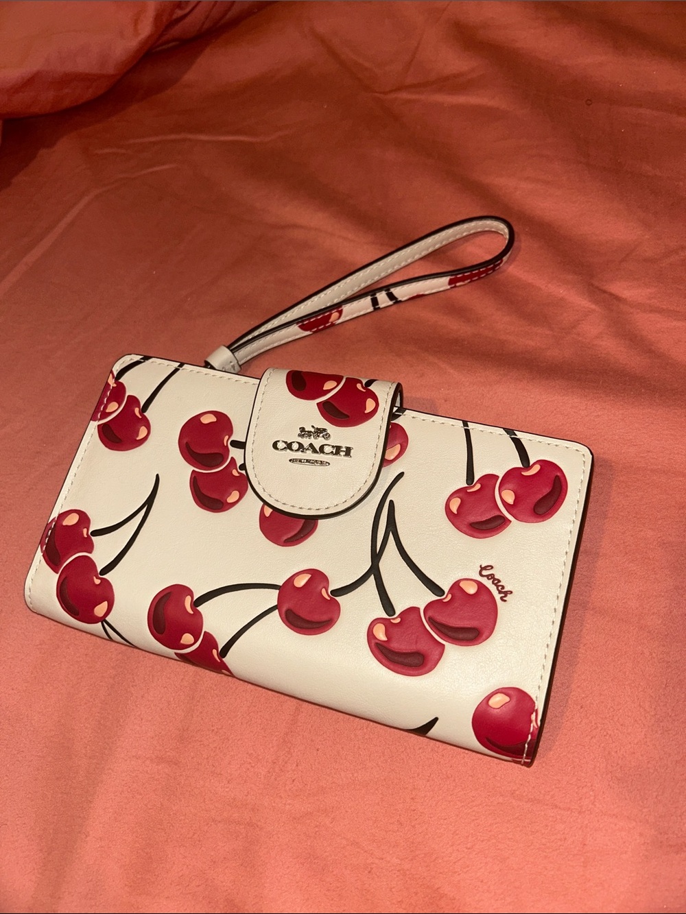 Coach Cream Wristlet with Red Cherry Print